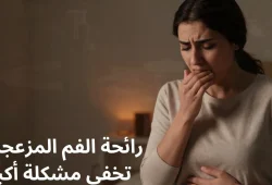 هل جرثومة المعدة تسبب رائحة الفم الكريهة؟ 5 وصفات طبيعية مساعدة للعلاج امرأة تضع يدها على فمها بتعبير منزعج، مع خلفية توحي بألم في المعدة، تعبيراً عن العلاقة بين جرثومة المعدة ورائحة الفم الكريهة. هل جرثومة المعدة تسبب رائحة الفم الكريهة