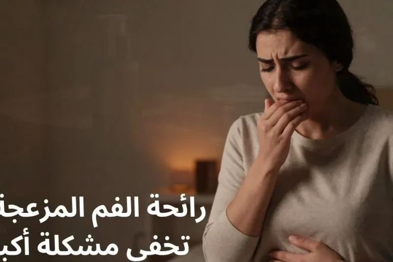 امرأة تضع يدها على فمها بتعبير منزعج، مع خلفية توحي بألم في المعدة، تعبيراً عن العلاقة بين جرثومة المعدة ورائحة الفم الكريهة. هل جرثومة المعدة تسبب رائحة الفم الكريهة