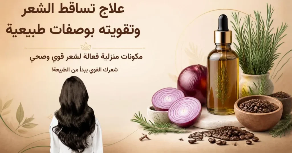 صورة تعبيرية لوصفة علاج تساقط الشعر في المنزل للنساء، تضم مكونات طبيعية فعالة: البصل الأحمر، الروزماري، القرنفل، والقهوة، لتحفيز نمو الشعر وتقويته ومنع التساقط. تصميم جذاب بألوان ترابية دافئة يعكس قوة الطبيعة وجمال الشعر الصحي.