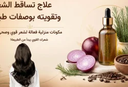 علاج تساقط الشعر في المنزل للنساء: 3 وصفات طبيعية فعالة لشعر كثيف وقوي علاج تساقط الشعر في المنزل للنساء - مكونات طبيعية لتحفيز نمو الشعر وتقويته ومنع التساقط، تشمل البصل الأحمر، الروزماري، القرنفل، والقهوة، مع زيت طبيعي لتعزيز النتائج.
