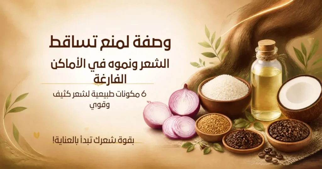 وصفة لمنع تساقط الشعر ونموه في الأماكن الفارغة - مكونات طبيعية: البصل الأحمر، ماء الأرز المخمر، الحلبة، القرنفل، القهوة وزيت جوز الهند، لتحفيز نمو الشعر وتقويته ومنع التساقط.